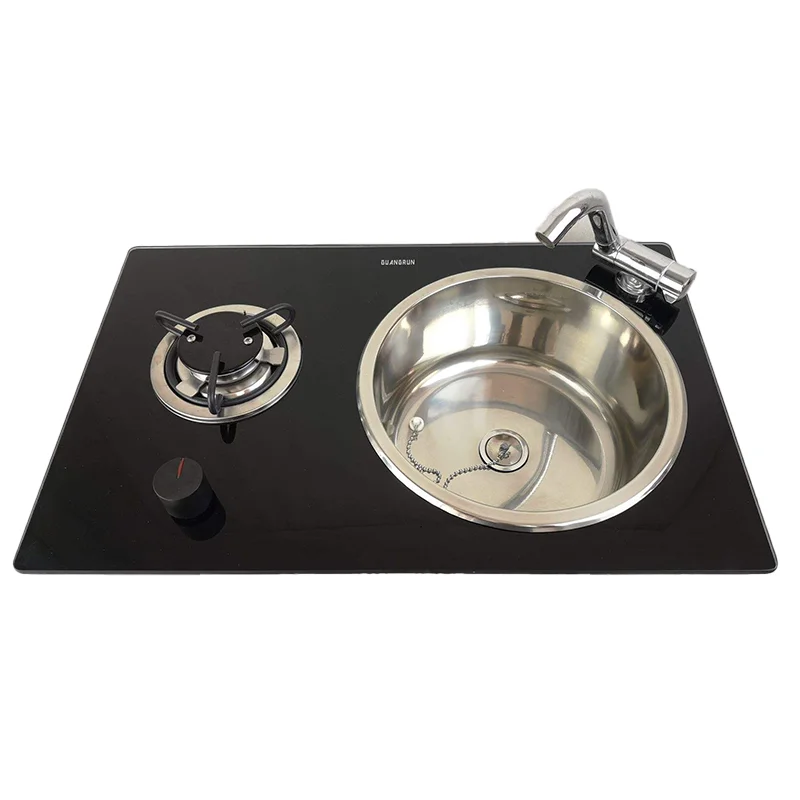 RV Caravan Built-in Kitchen Combo Single Burner Gas Stove with Round Stainless Steel Sink & Foldable Faucet