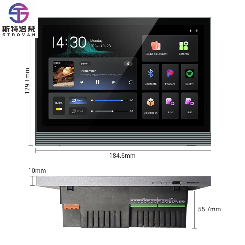 

8-Channel Music Amplifier 7 Inch Touch Screen Smart Home Control Panel Wall Power Connectable for Bluetooth Speaker Hotels