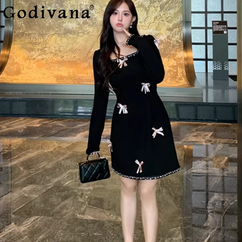 

Large Size Women Spring Sweet Pink Bow Heavy Industry Diamond Square Collar Dress Fashion High Waist A-line Long Sleeve Dresses