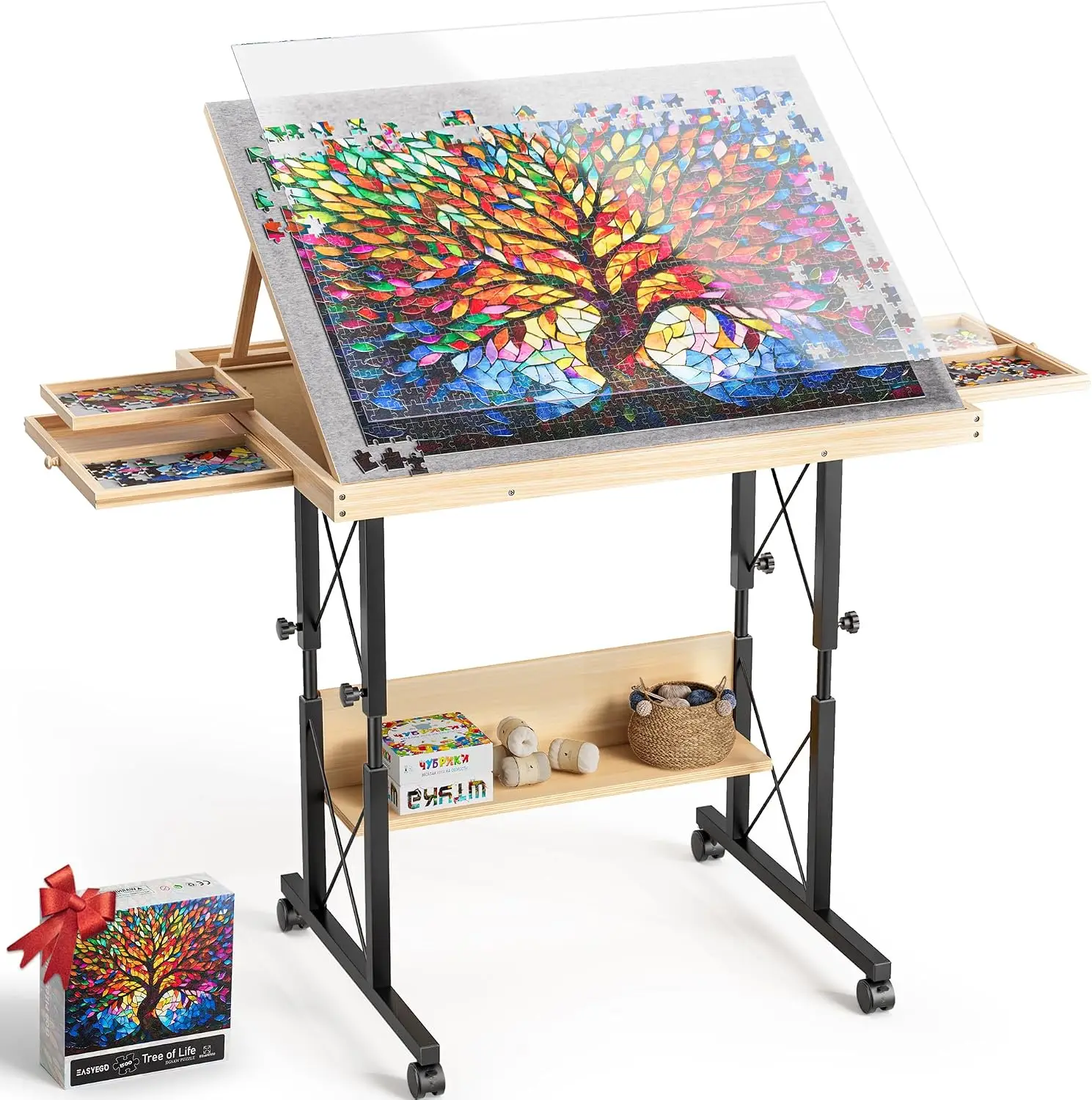 1500 Piece Jigsaw Puzzle Table with Legs for Adult, 5-Tilting-Angle & Height Adjustable Table with 4 Drawers and Cover, Wooden P