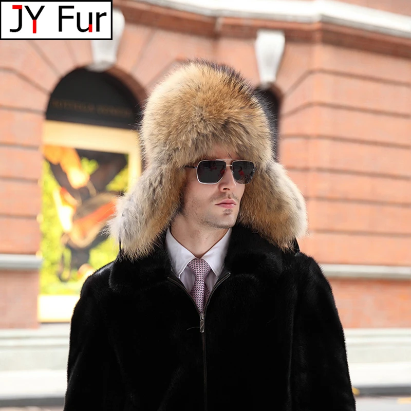 Winter Men's 100% Real Silver Fox Fur Bomber Hat Raccoon Fur Ushanka Cap Trapper Russian Man Ski Hats Caps Real Leather