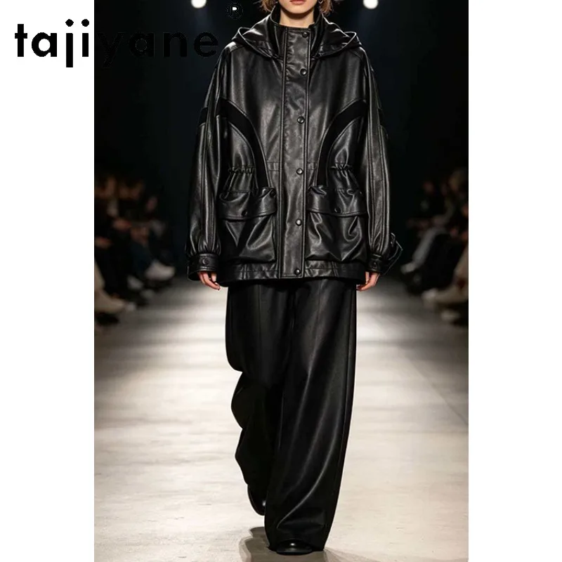 TAJIYANE Genuine Leather Jacket Woman Hood Oversized Jackets Vegetable Tanned Sheepskin Splicing Suede Womens Winter Coats Black