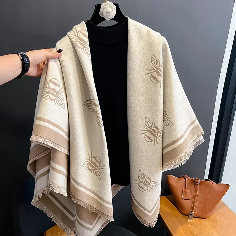 Warm Bee Cashmere Scarf Women Thick Simple Shawl and Wraps Ladies Blanket Winter Pashmina Luxury Designer Casual Black Scarf