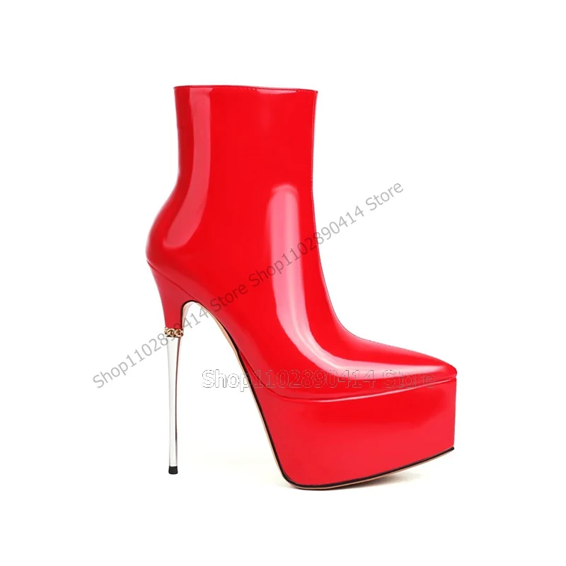 Multi Colors Patent Leather Platform Boots Mid Calf Slip On Women Shoes Metal Heel Pointed Toe Fashion 2023 Zapatos Para Mujere