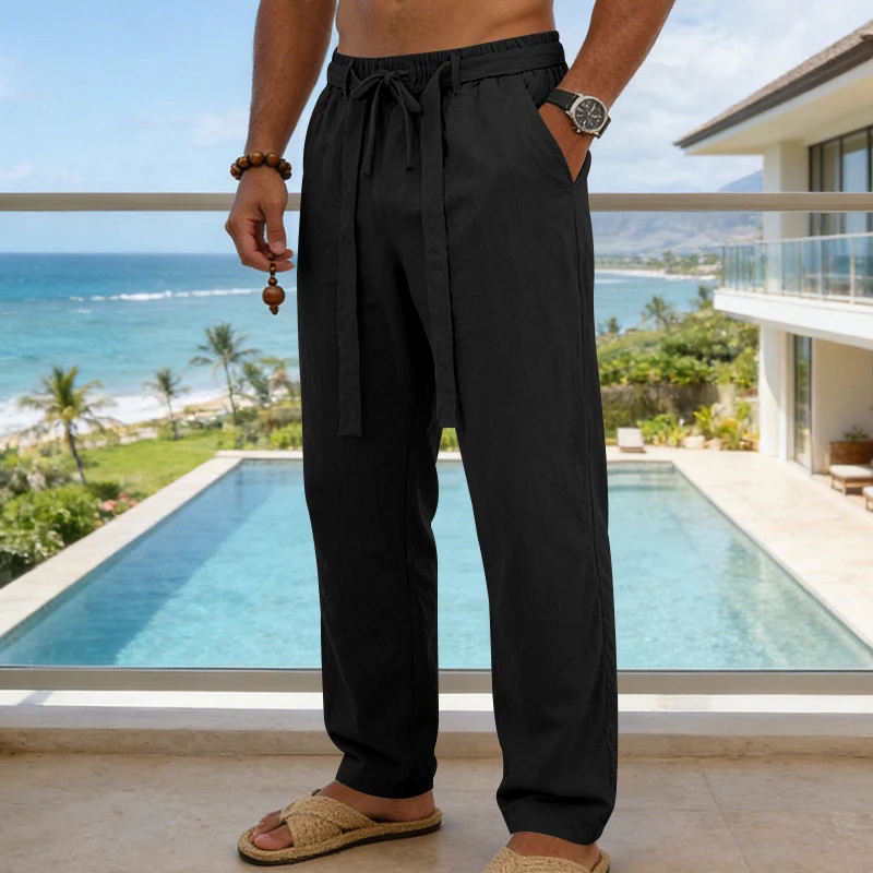 Herrenhose aus atmungsaktivem Leinen mit geradem Bein und elastischem Bund, lässige Urlaubshose für den Strand. – Detail 39