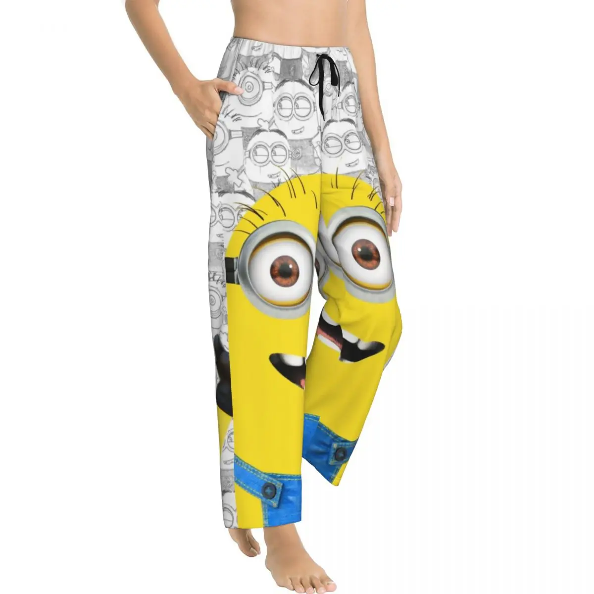 Custom Cartoon Animation Minions Pajama Pants Sleepwear for Women Elastic Waistband Sleep Lounge Bottoms with Pockets