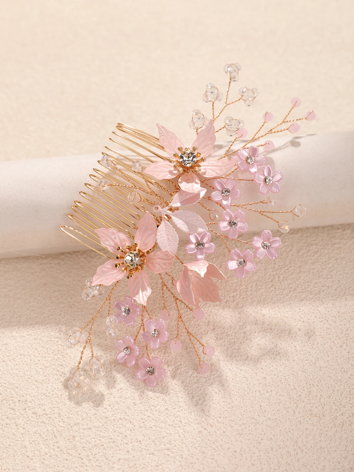French-Style Gentle Pink Series Handmade Glass Flower Crystal Hair Comb for Brides, Wedding Makeup, Updo Hair Comb, Fairy-Like Gentle Dress Accessory view 6