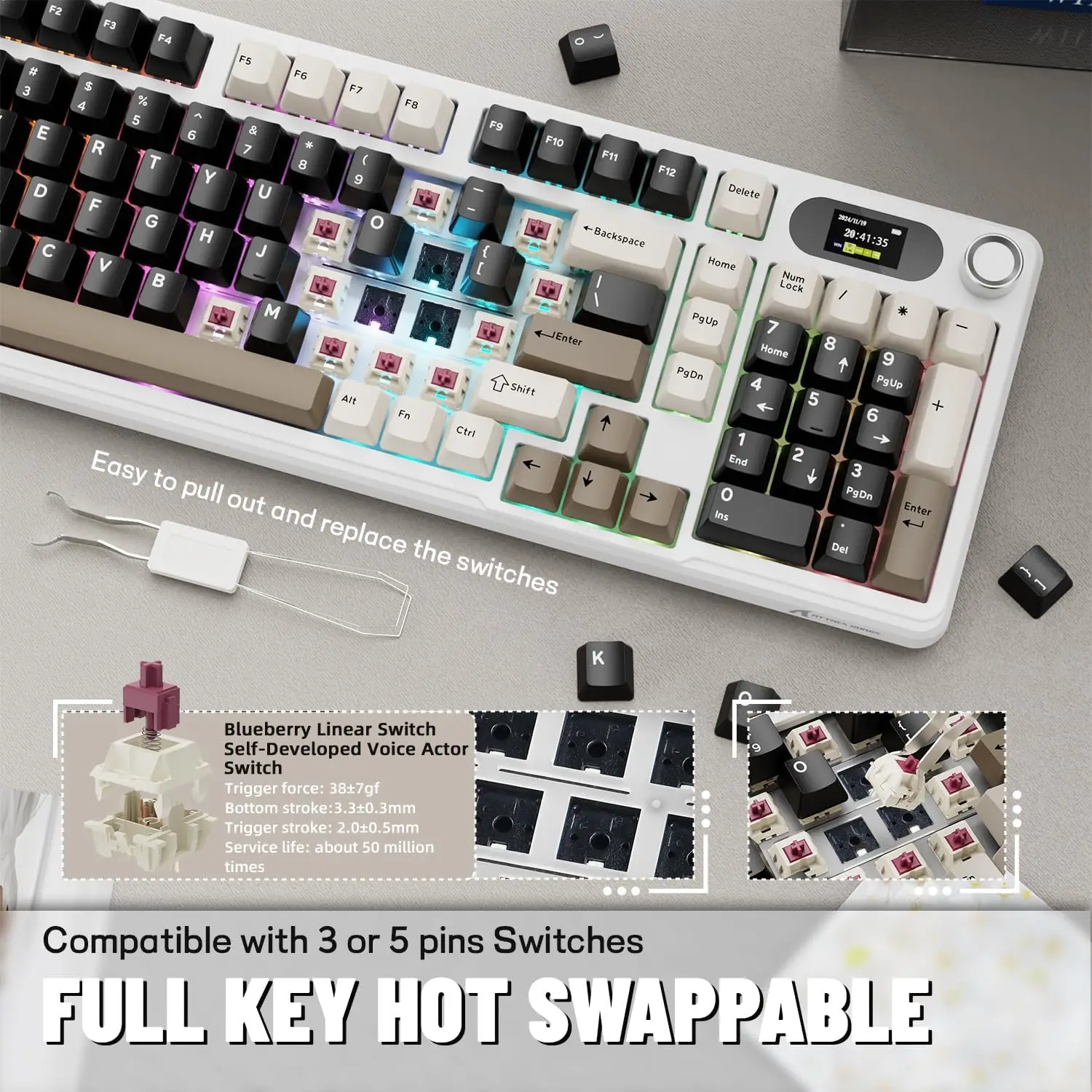 ATTACK SHARK X98Pro ワイヤレス メカニカル キーボード、スクリーンとノブ付き、トライモード ガスケット ホットスワップ可能な RGB キーボード、ウェブ ドライバー