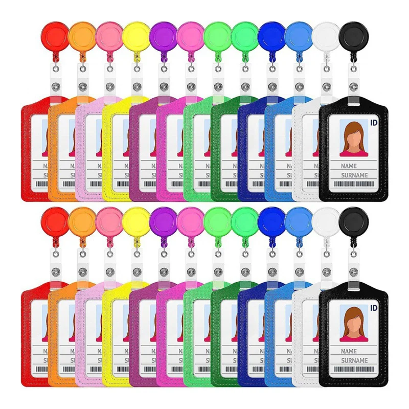 تقليد الجلود قابل للسحب شارة بكرة غطاء بطاقة الهوية رجل امرأة بولي Leather جلد شفاف حاملي البطاقات العمودية الأفقية #1