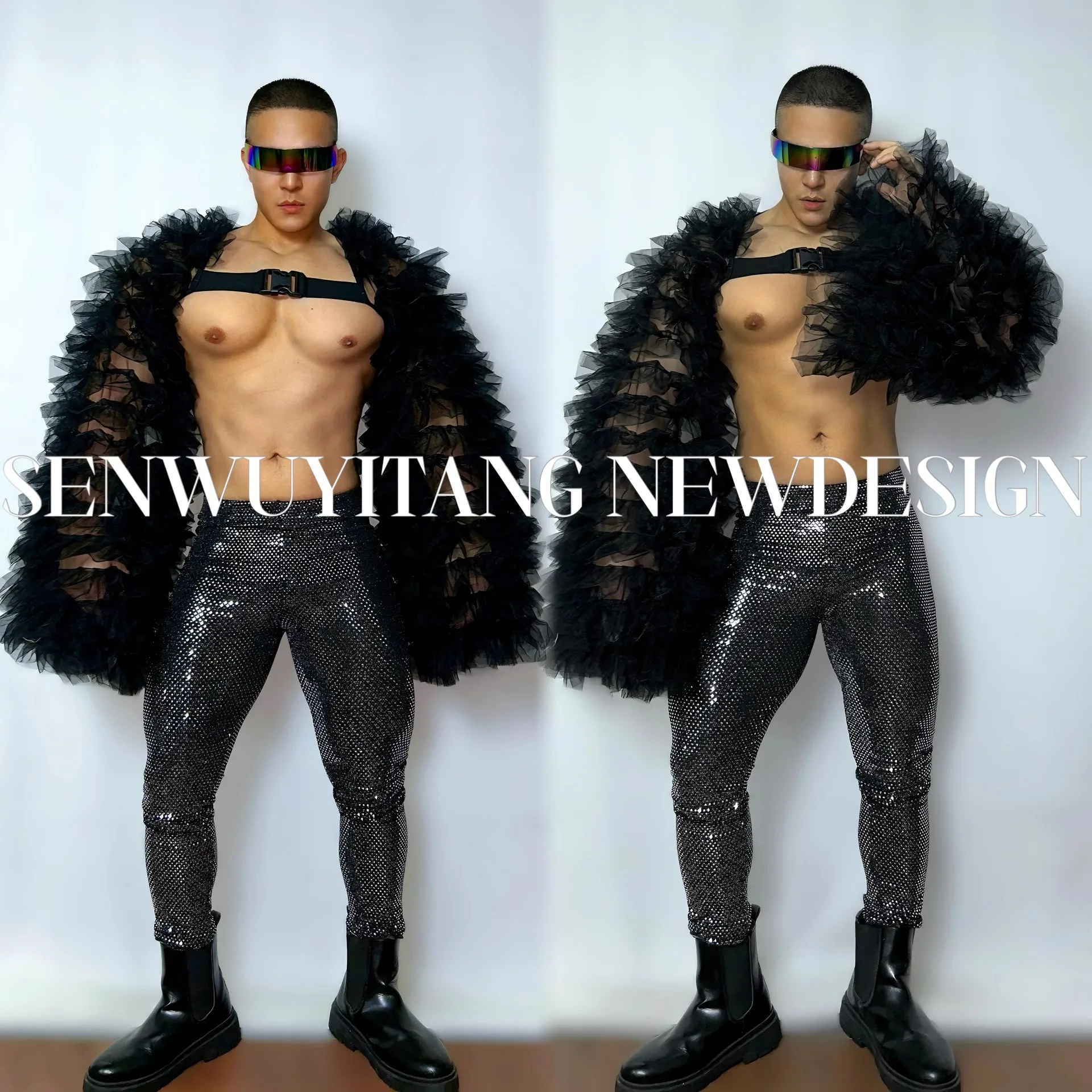 

Sexy Exaggerated Black Puffy Sleeve Mesh Tops Long Pants Outfit Male Singer Dancer Stage Outfit Bar Nightclub Party Rave Costume