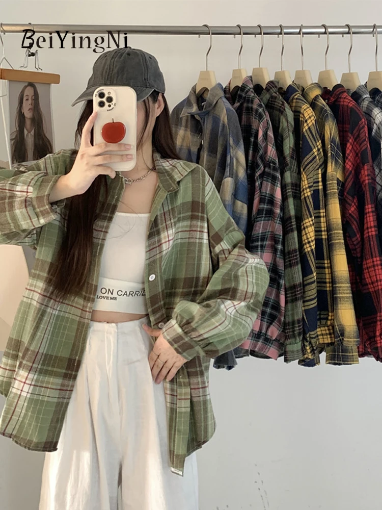 Beiyingni Spring Autumn Long Sleeve Oversize Shirts Women Plaid Preppy Buttons Vintage Casual Loose Blouses Tops Female Korean