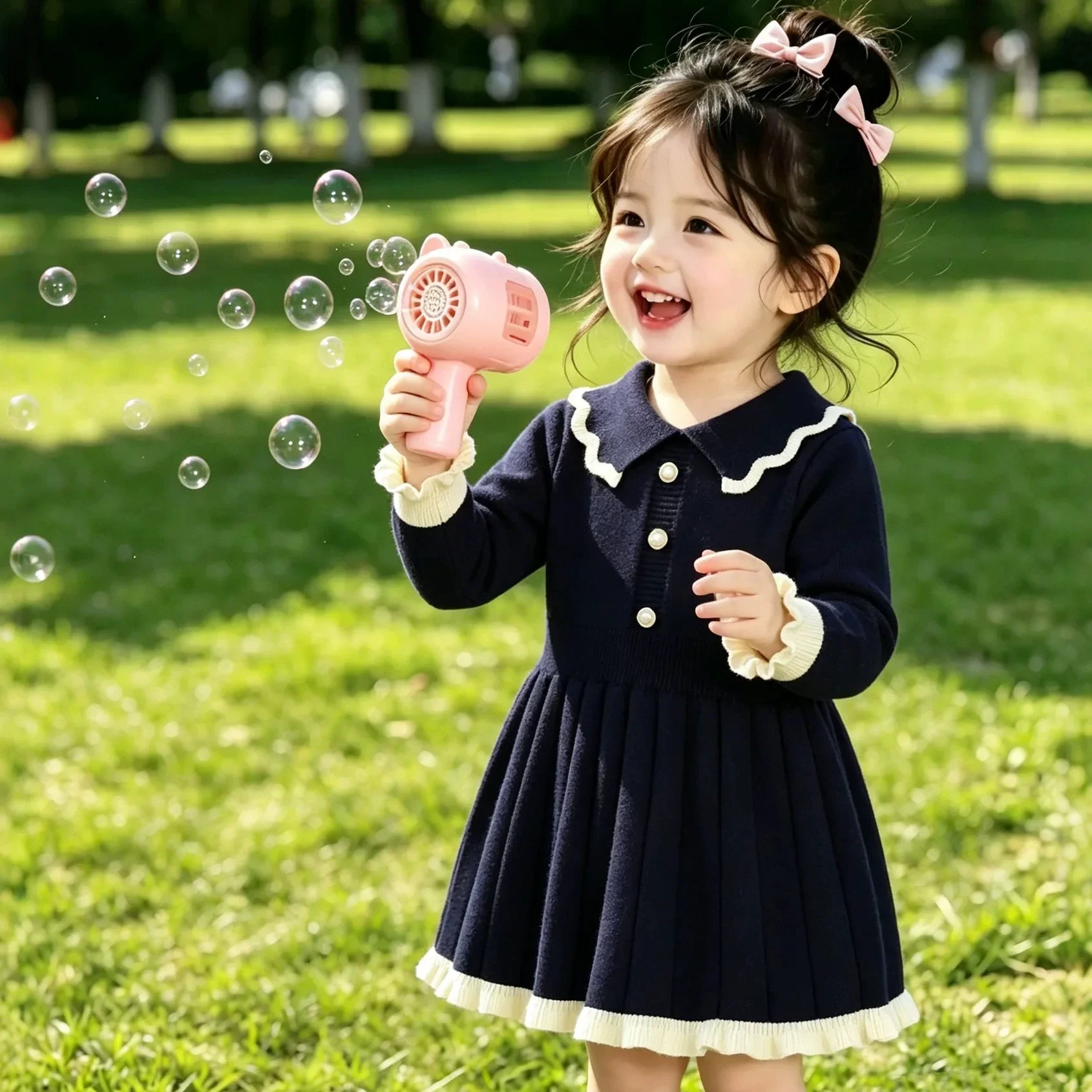 White Wavy Collar Pearl Decor Buttons Toddler Girls Pink Knit Dresses Ruffle Trim Long Sleeve Children Elegant Party Knit Dress