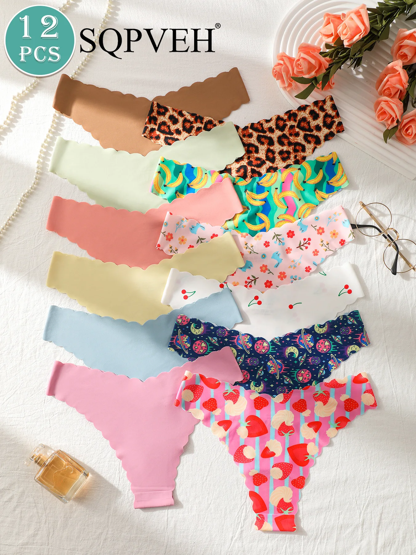 12-Pack Women's Wavy Edge Triangle Panties Multi-Color Prints & Solid Colors Sexy Comfortable Underwear for Women