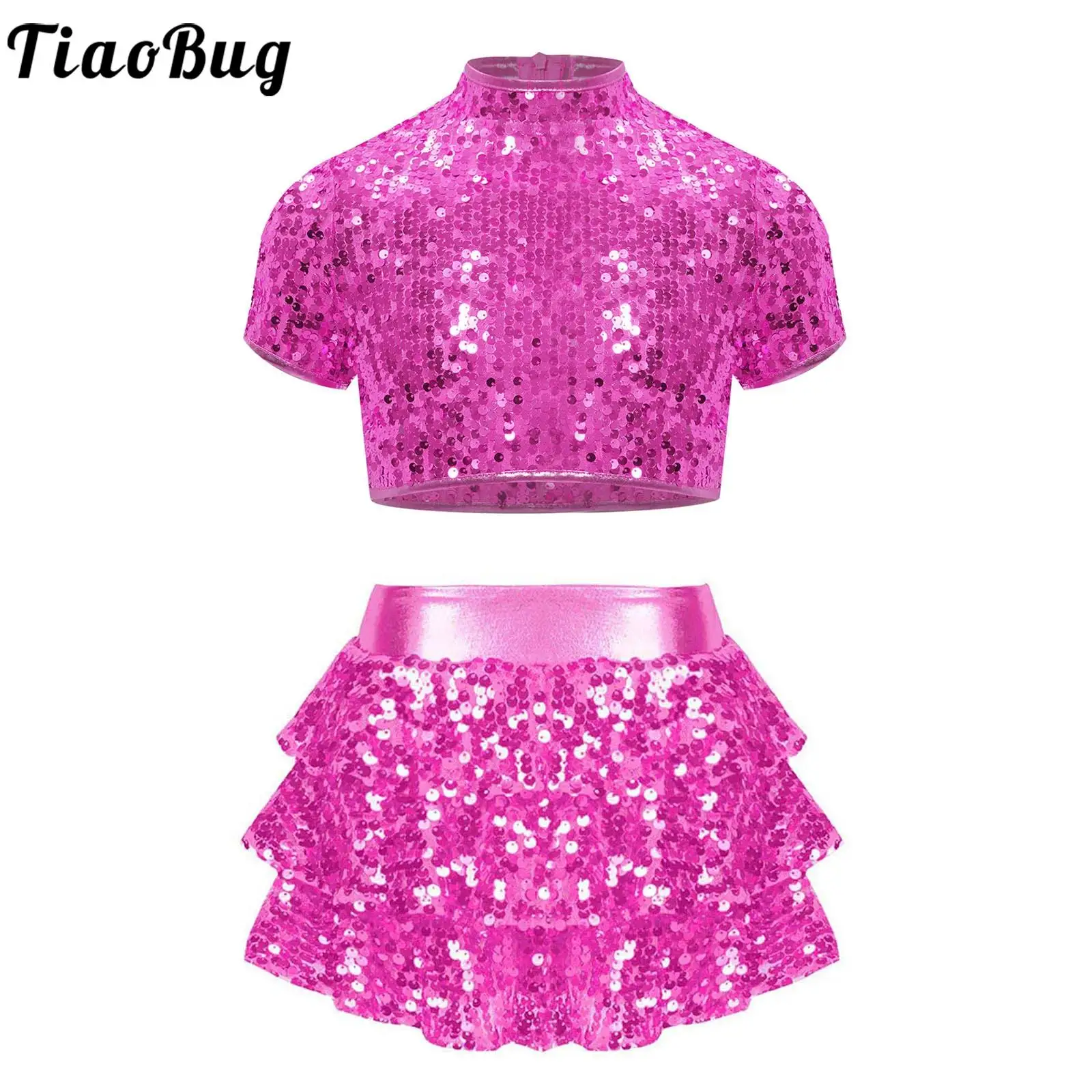 

Kids Girls Modern Jazz Dance Cheerleading Costume Sparkly Sequins Short Sleeve Crop Top with Tiered Ruffle Shorts Streetwear
