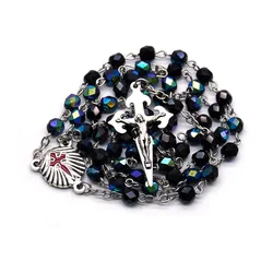 Santiago Rosary Necklace Long Metal Shell Cross Pendant Crystal Beads For Men Women