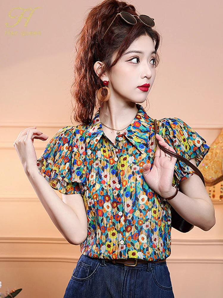 H Han Queen Summer Elegant Chic Office Print Vintage Tops Chiffon Short Sleeve Blouse Women Loose Casual Shirts Woman Clothing