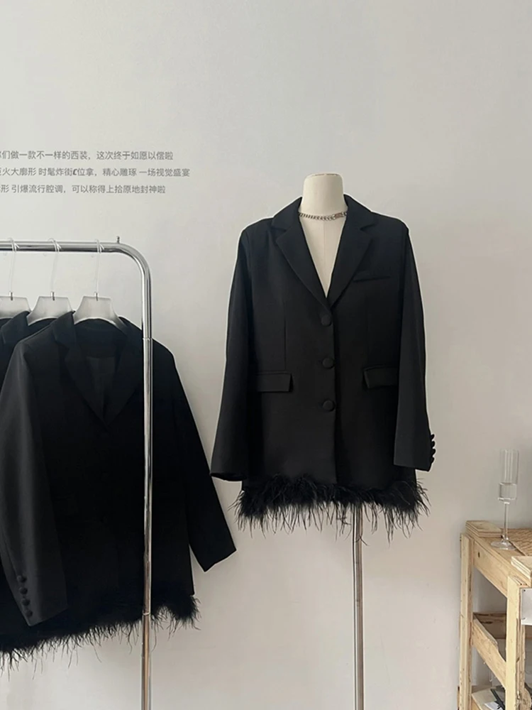 Formal Occasion Korean Fashion Long Sleeve Blazer Autumn Winter Lapel Collar Suit Jacket Feathers Spliced Office Lady Outerwear