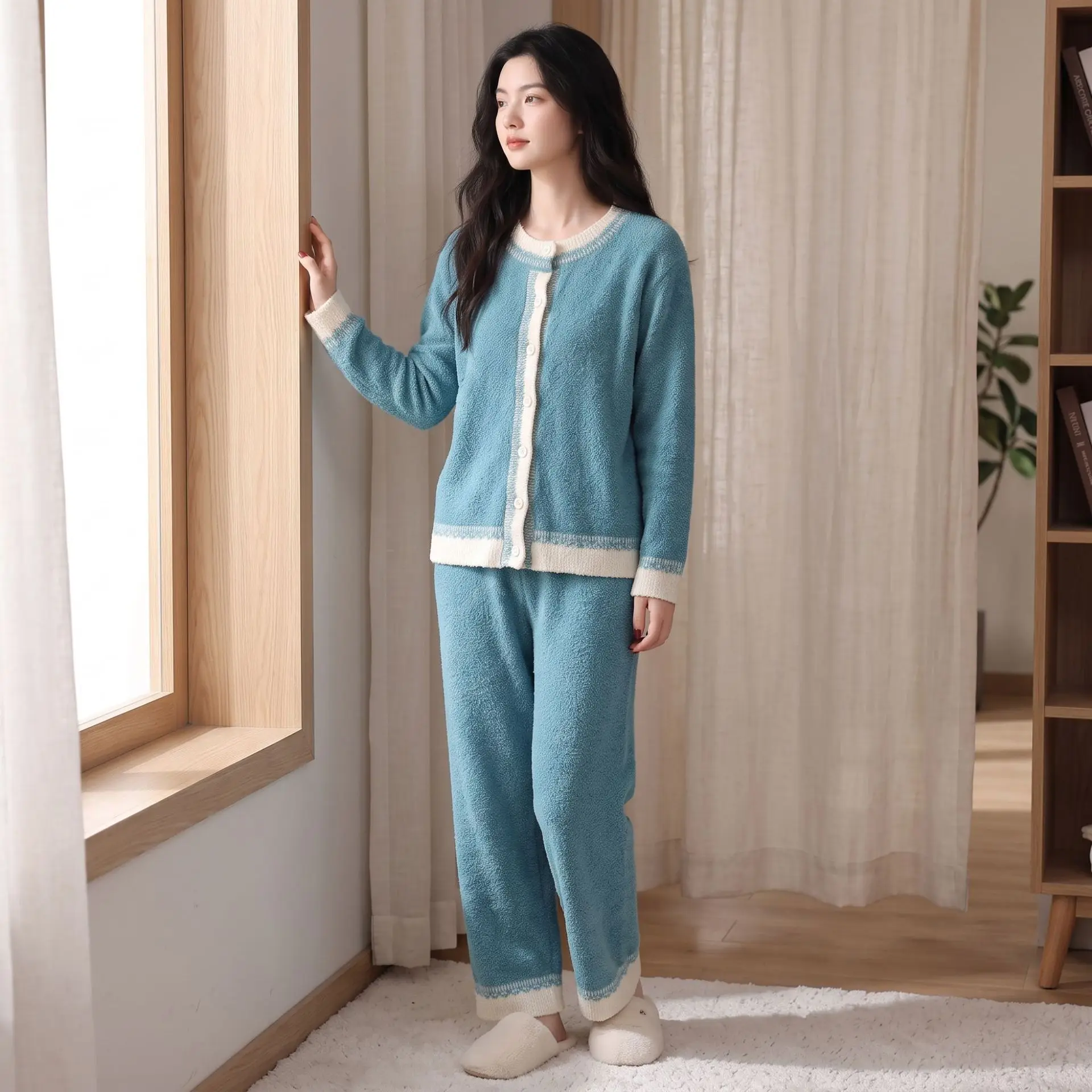 2PCS Cute Women's Pajamas Set Winter Sleepwear O-neck Loose Long Sleeve Top Elastic Waist Leg Pant Sets Trousers Matching Sets