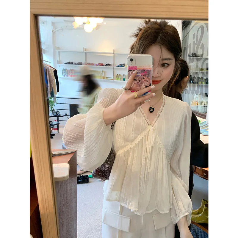 

Нежный шифоновый топ с V-образным вырезом в стиле феи, красивая женская кружевная блузка с коротким рукавом