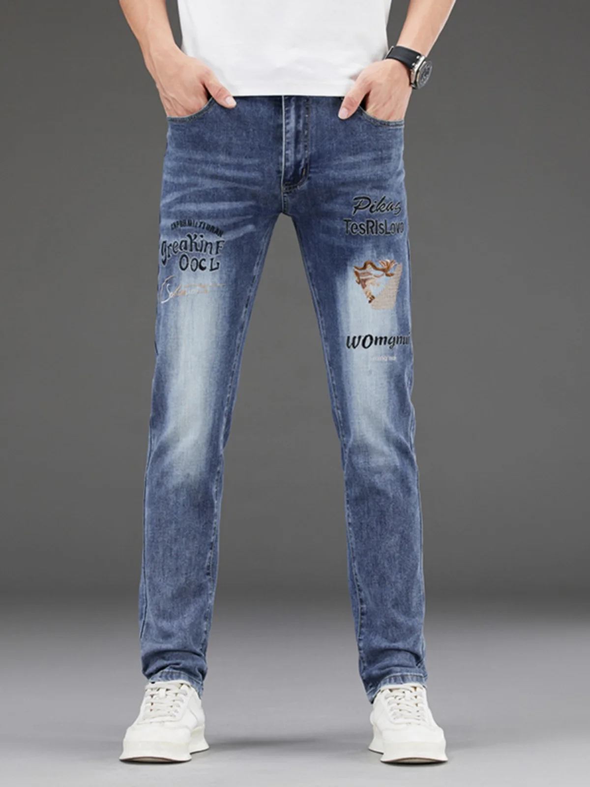 

High-End Embroidered Casual Men's Jeans Spring Autumn New Sle Elastic Glitter Slim Fit Long Pants hine Embroidery Cotton...