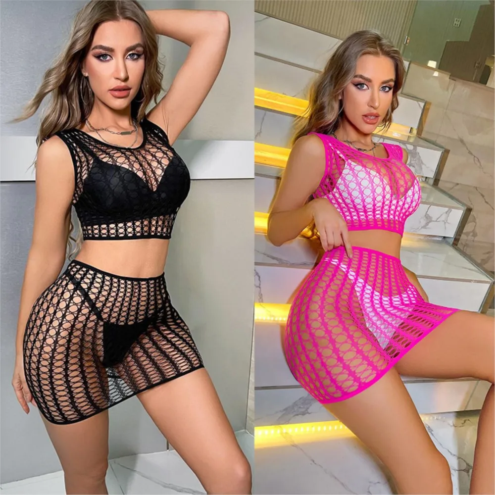 Hollow out Bikini Two Piece Set Fishing Net Women's Beach Coat Bag Hip Skirt swimwear woman 2025 Women beach tunic Sex shop xxx