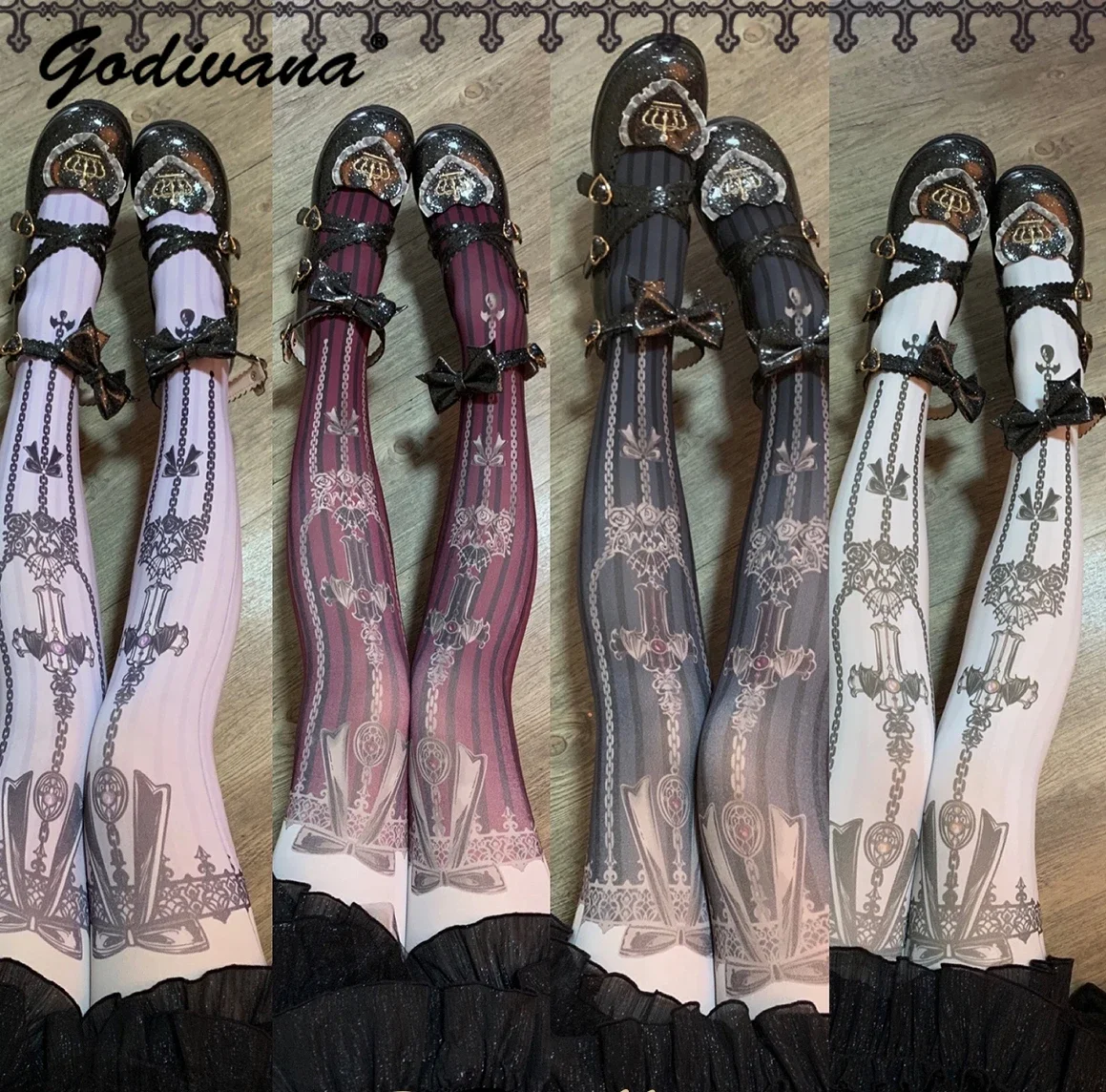 Multicolor Gothic Style Original Retro Printing Pantyhose Girls Lolita Socks Spring Fall Women's Tights Stockings