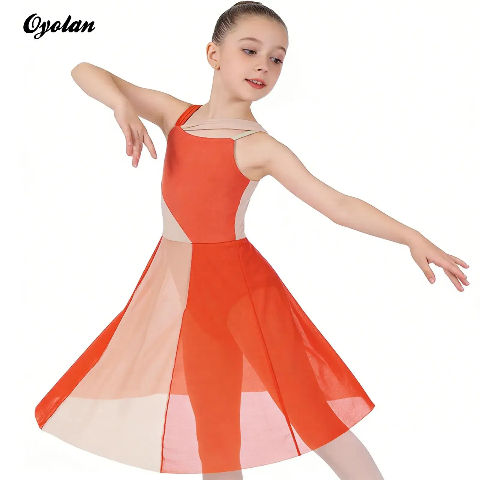 

Kids Girls Color Block Ballet Performance Dress Sleeveless Gymnastics Training Leotard Costume Modern Contemporary Dancewear