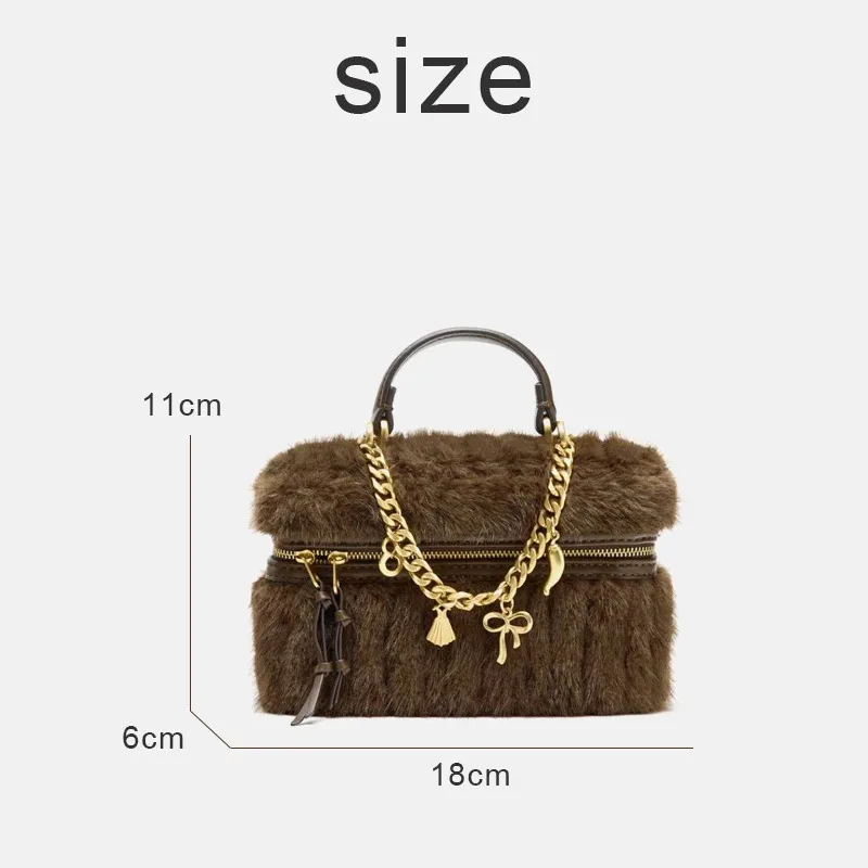 Faux Fur Mini Box Bags For Women Luxury Designer Handbag And Purse New In Polyester Imitation Rex Rabbit Fur Chain Shoulder
