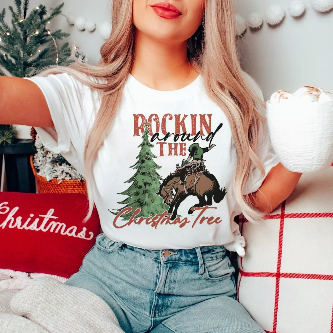 Rodeo Cowboy Rockin Around The Christmas Tree Fashion T-Shirt Printed 90s Women's Christmas Festival Pattern Basic T-Shirt