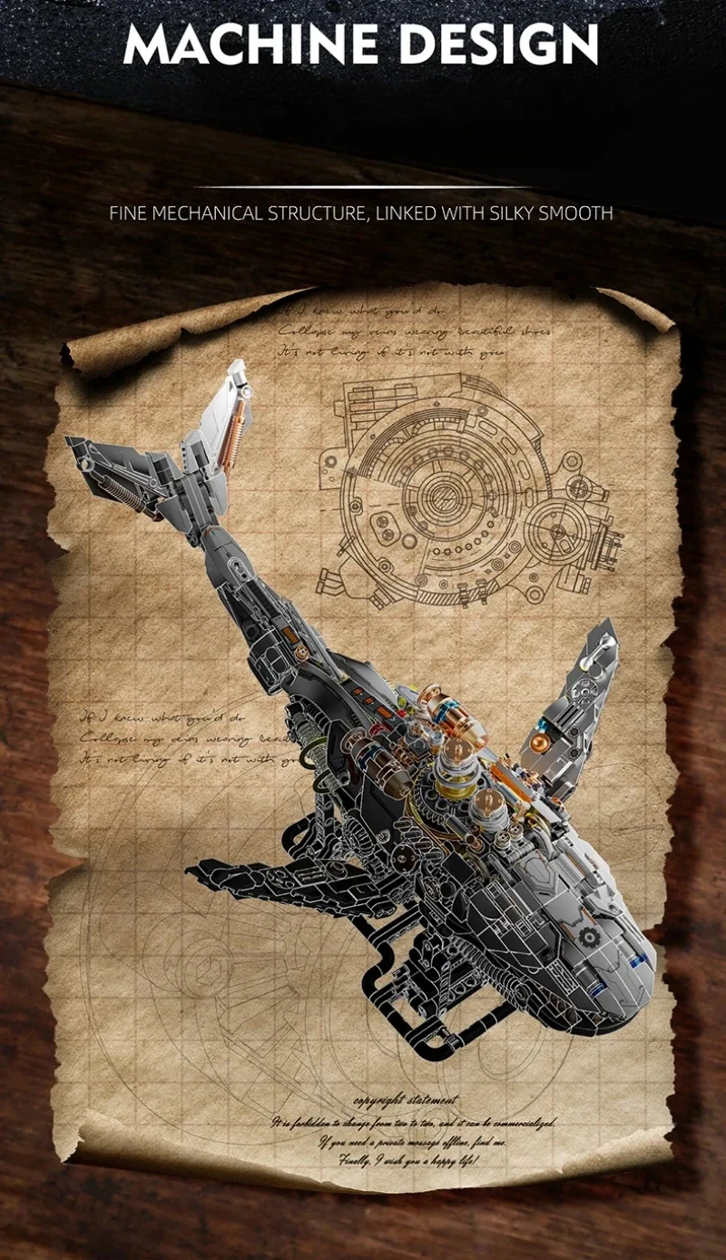 Cyberpunk Mechanischer Hai Bausteine Steampunk Ozeanwal-Bausteine Spielzeug mit LED-Licht DIY Modellbausatz Geschenk – Detail 5