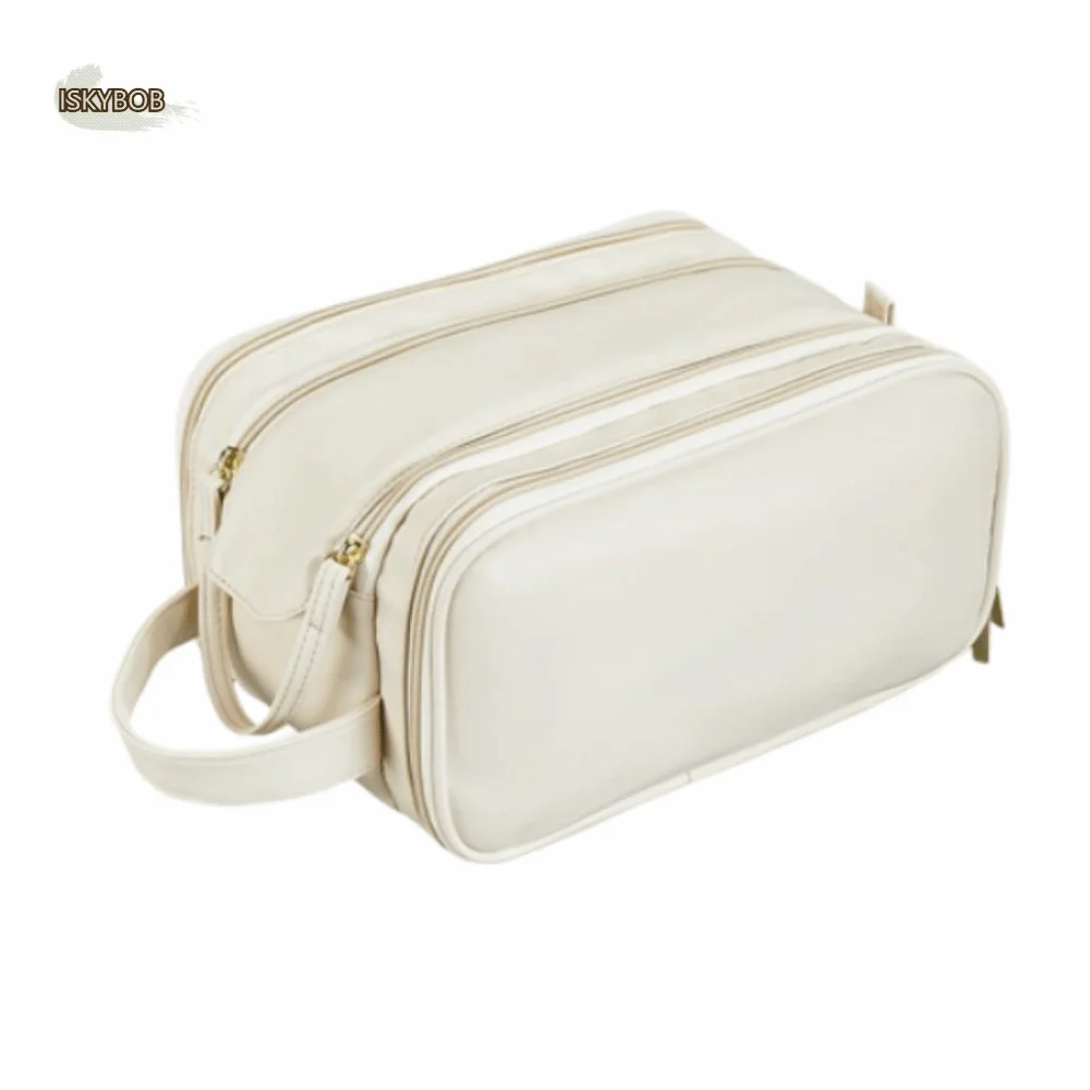

Portable Women's Makeup Bag Solid Color Double Zipper Handheld Storage Bag Large Capacity Waterproof Travel Cosmetic Organizer