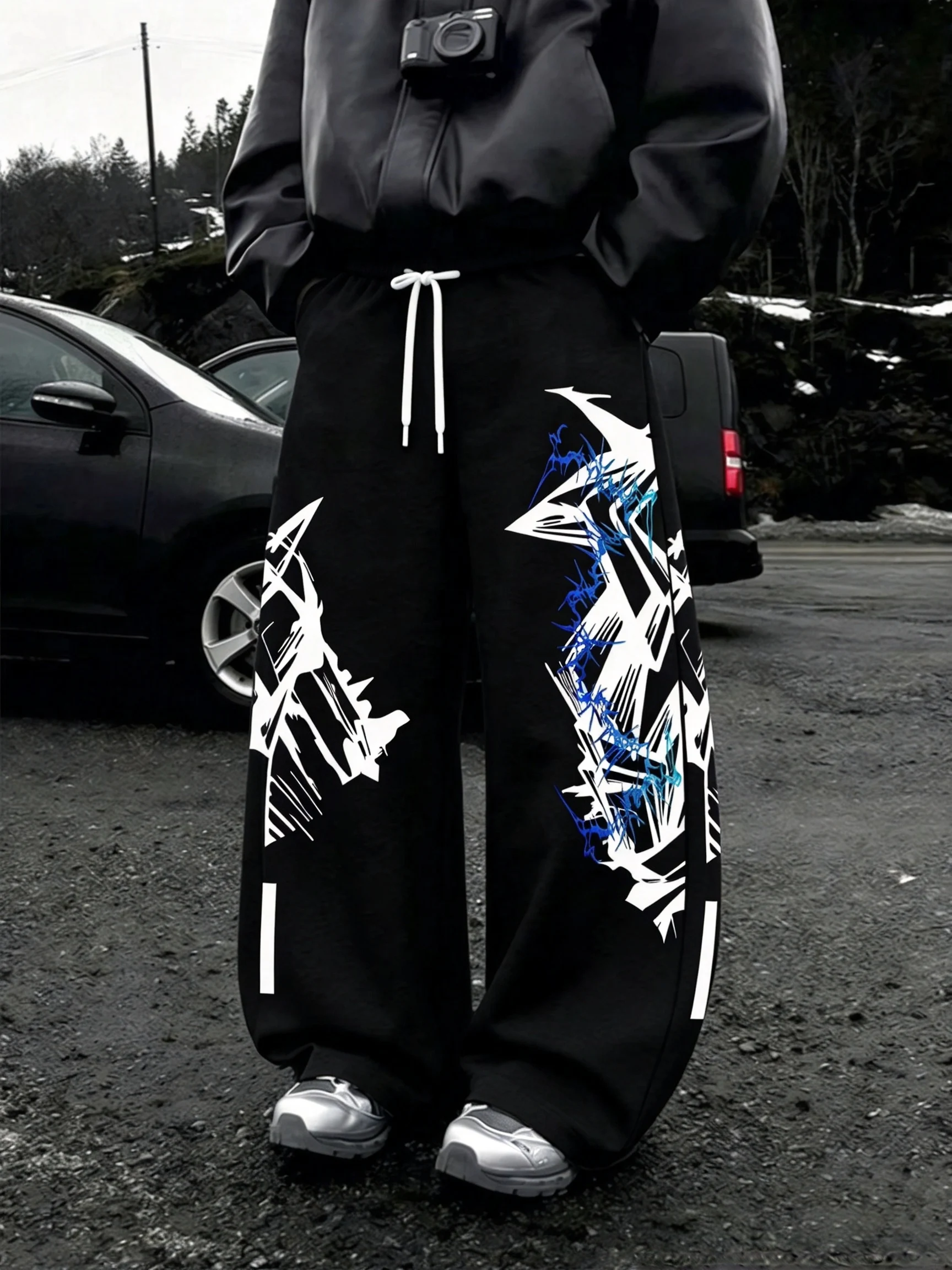 Pantalones rectos de corte holgado, unisex, con estampado de líneas geométricas de arte callejero retro, ideales para practicar skate, caminar al aire libre o para un estilo casual hip-hop.