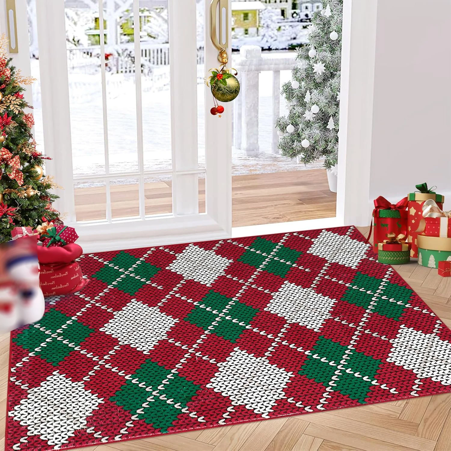 

Christmas Plaid Rug Modern Holiday Doormat Soft Machine Washable for Indoor Home Xmas Decor