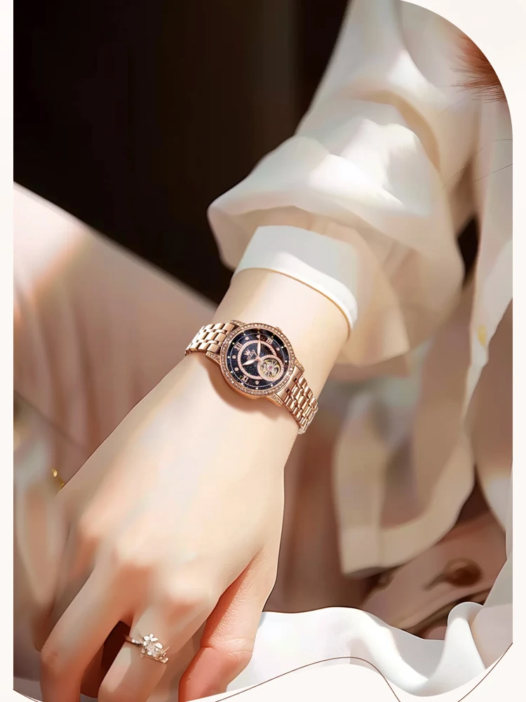 OLEVS Rose Gold Starry Sky Surface Tourbillon Mechanical Watch For Women Diamond Luxury Dial Automatic Woman Watches Waterproof