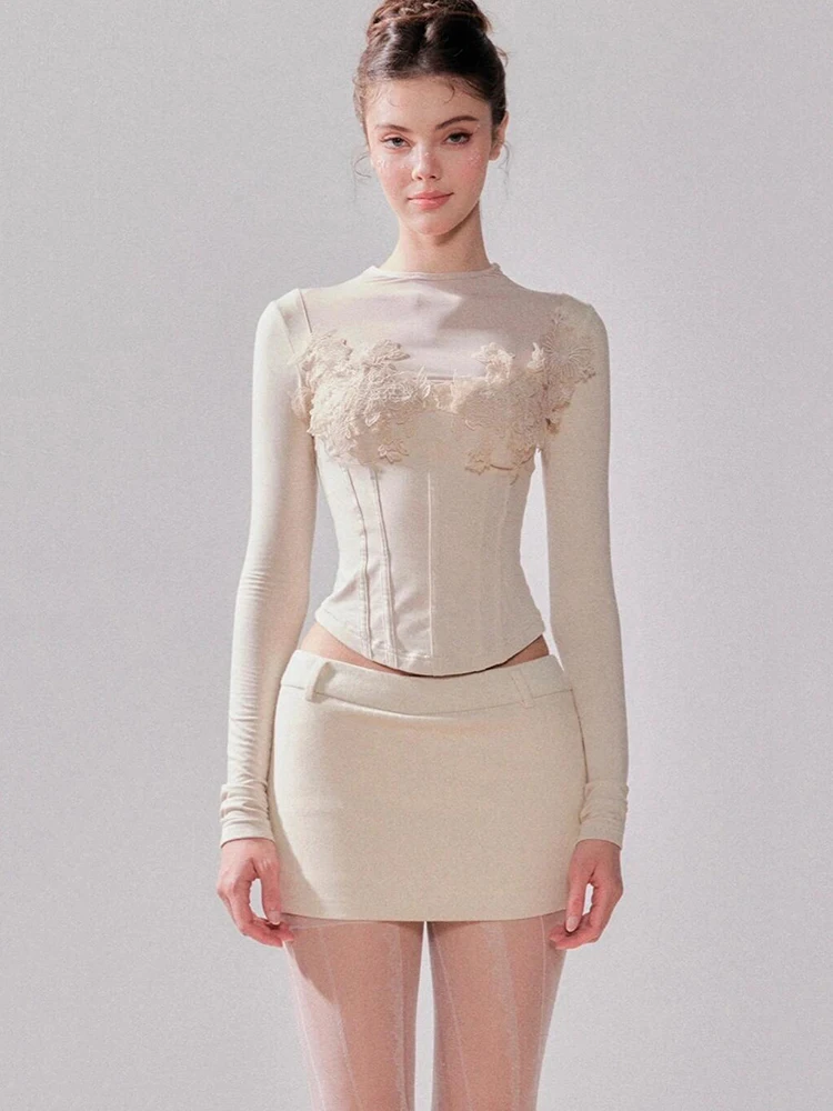 REDDACHiC Hollow Out Lace Top Skirt Matching Set Knit Thermal Baselayer T-Shirt Bodycon Mini Skirt Party Trendy Women Clothes