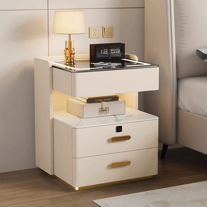 طاولة سرير ذكية مع قفل بصمة الإصبع ومحطة شحن لاسلكية وأضواء LED ومنفذ USB وخزانة تخزين ذات 3 أدراج