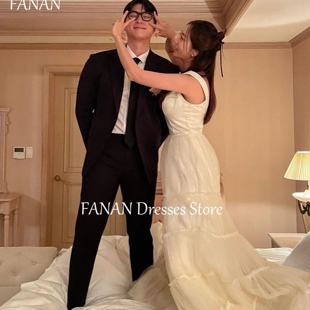 FANAN V-Neck Korea A-Line Wedding Dresses Sleeveless 웨딩드레스 Ivory Simple Elegant Tulle Pleated Custom Made Bride Gowns Plus Size