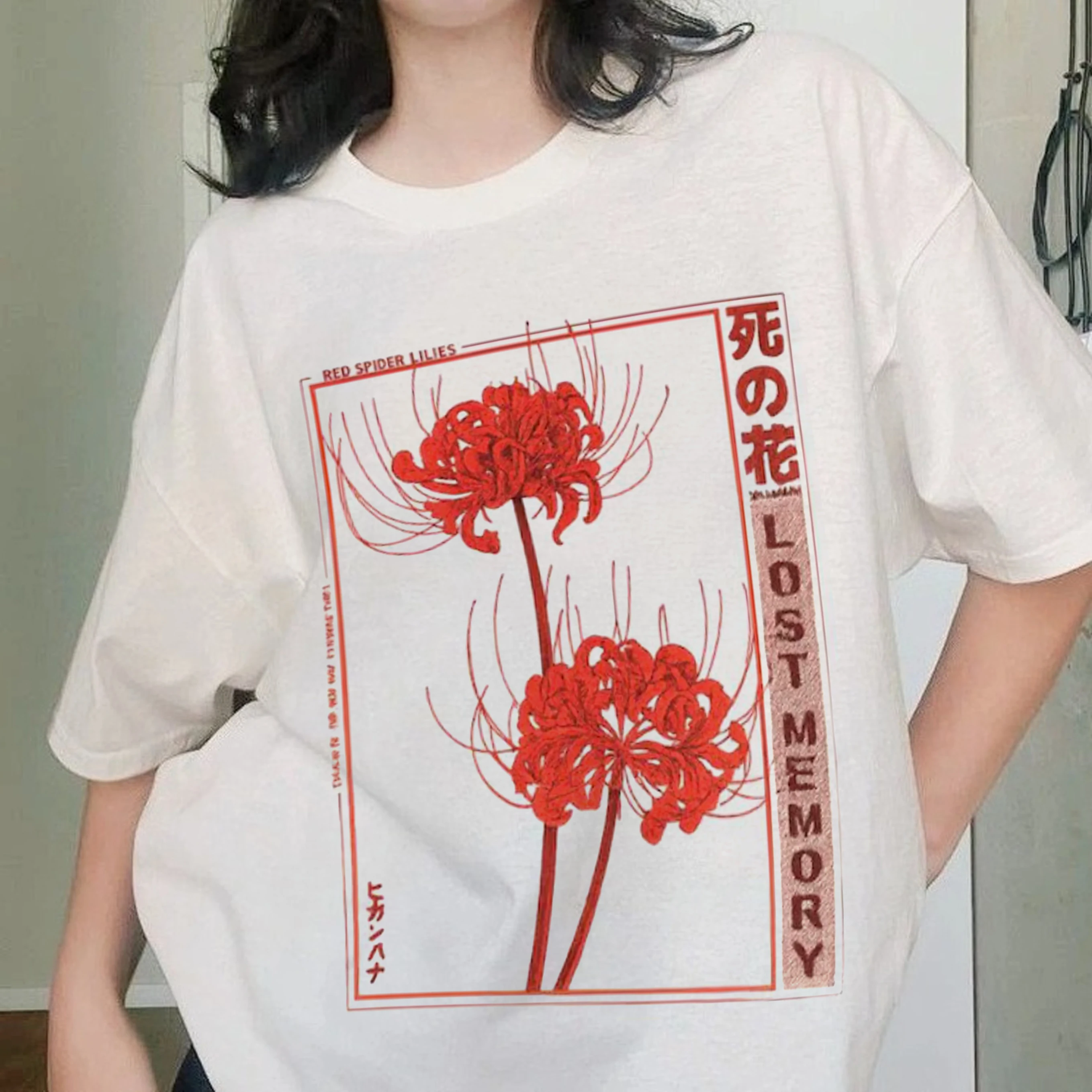 Vintage  Red Spider Lily T-Shirt Dead Flower Lost Memory Anime Aesthetic Tee Dark Harajuku Goth Streetwear Graphic Casual Shirt