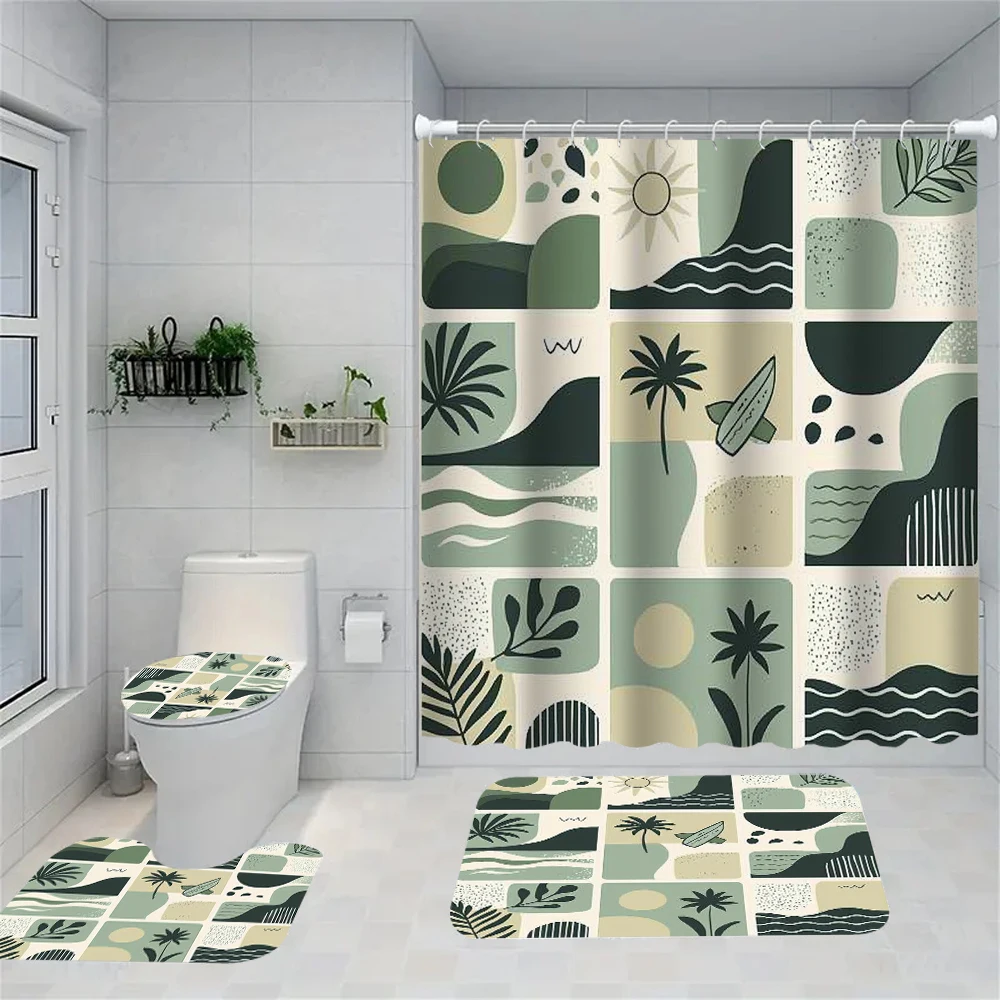4-piece plant painting landscape pattern bathroom decoration, including shower curtain, bath mat, U-shaped floor mat