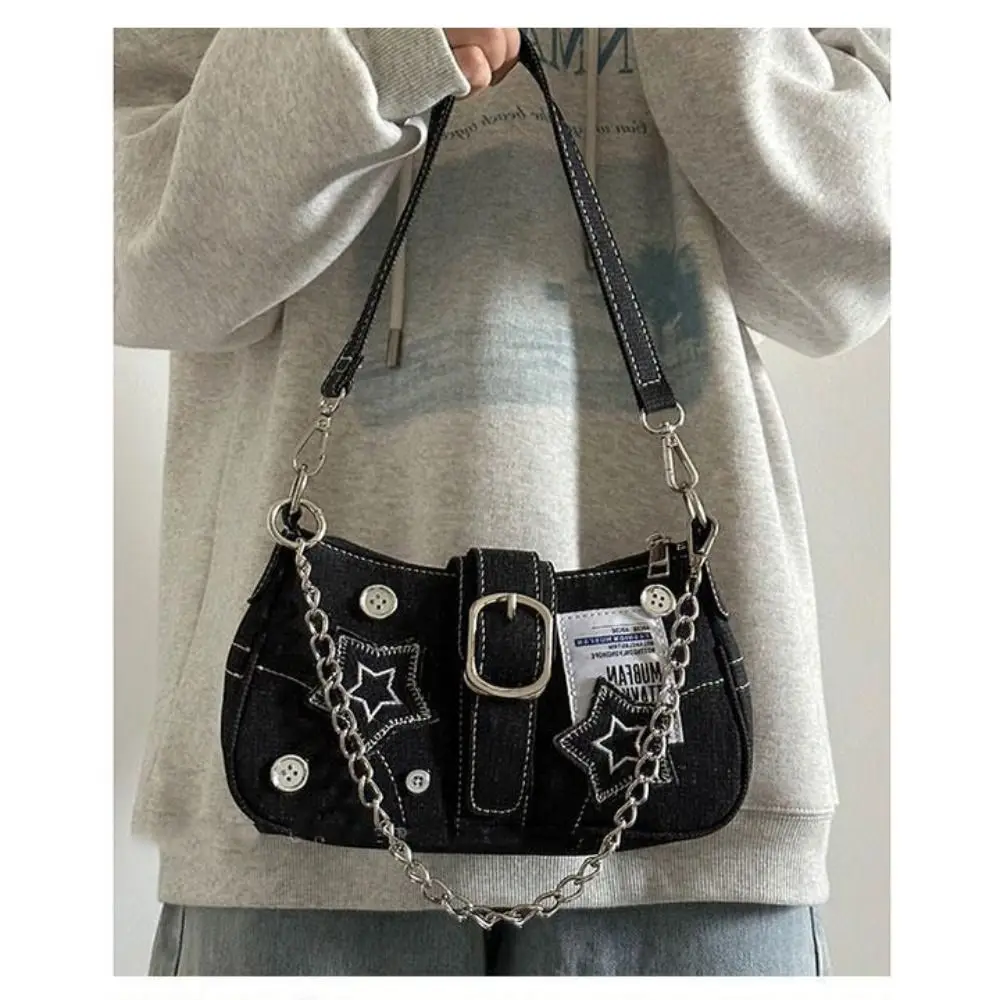 Fashion Women\'s Handbags Denim Stars Pattern Cool Girls Y2K  Underarm Bag Canvas Female Small Shoulder Bags Chain Tote Bag