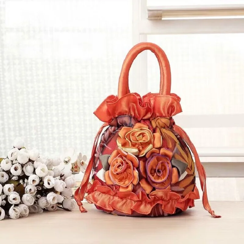 Women\'s Embroidered Silk Three Flowers Handbags Ethnic Style String Bags