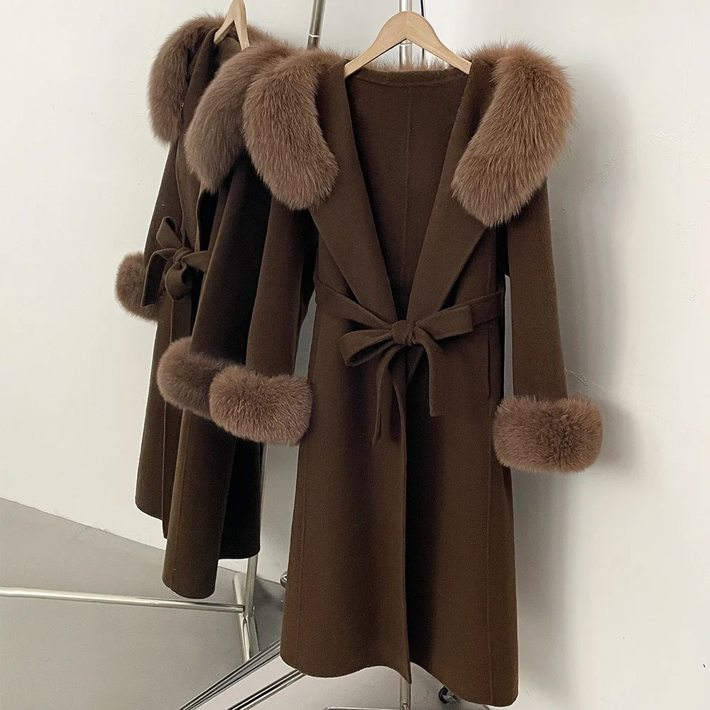 OFTBUY New Winter Warm Hood Solid Woolen Overcoat for Women Long Wool Blend Coat Women Real Fox Fur Belted Waist Jacket Female