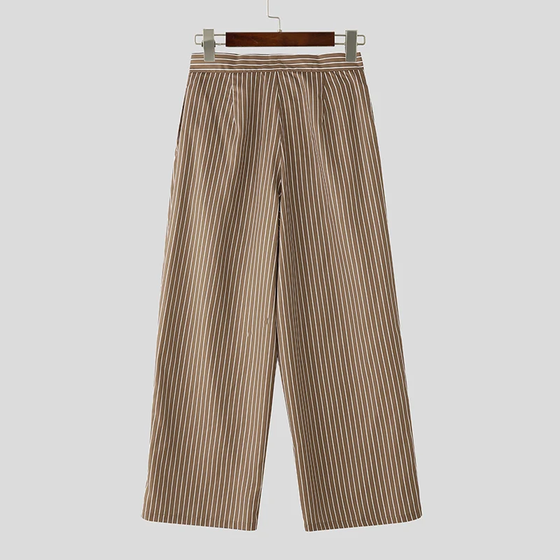 INCERUN Men Striped Pants Button Joggers Loose Casual Wide Leg Trousers Men Streetwear 2025 Fashion Leisure Long Pants S-5XL