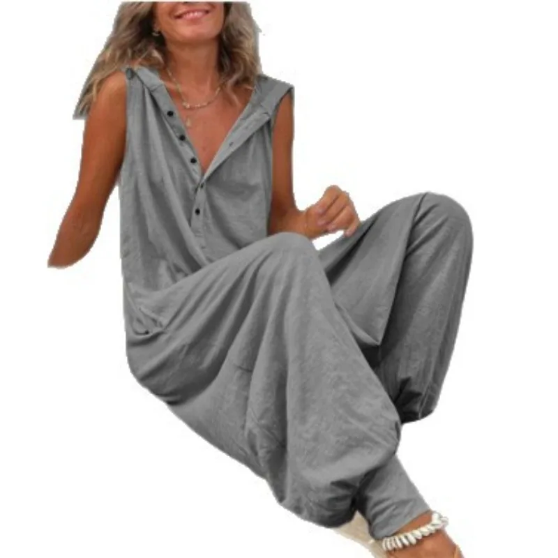 Hot Sale Women Solid Hooded Jumpsuit Button Sleeveless Loose Baggy Long Pants Romper view 6