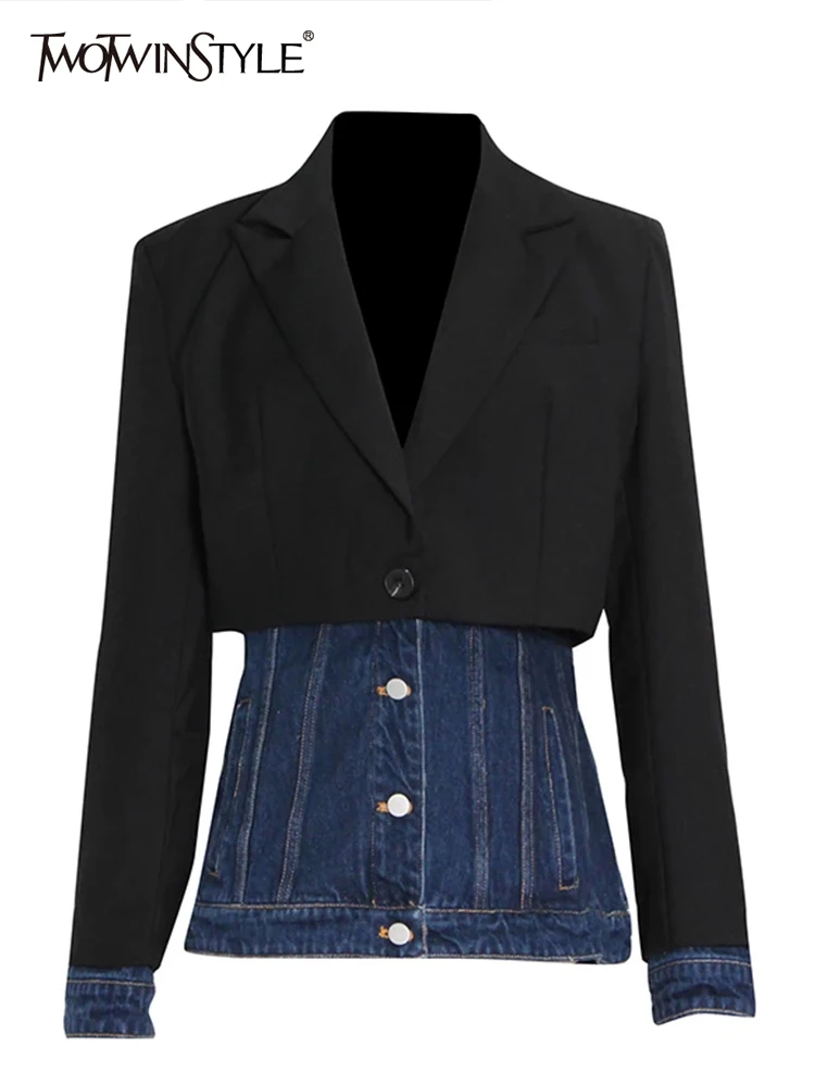 Two winstyle Color block Patchwork Denim Blazer für Frauen gekerbten Kragen Langarm gespleißt Knopf lässig Blazer weiblichen Stil