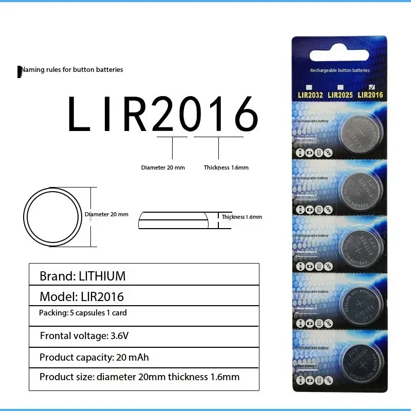 5PCS 3.6V LIR2032 LIR2016 LIR2025 Rechargeable Button Cell Batteries LIR 2032 Coin Cells CR2032 CR2025 CR2016 Watch Batteries