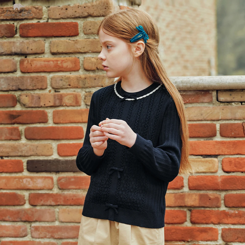 Dave Bella Children Autumn Spring Bow Sweater Girls Long Sleeve Jacquard Knitted Pullover Kids Tops Outdoor Clothes DK3262536