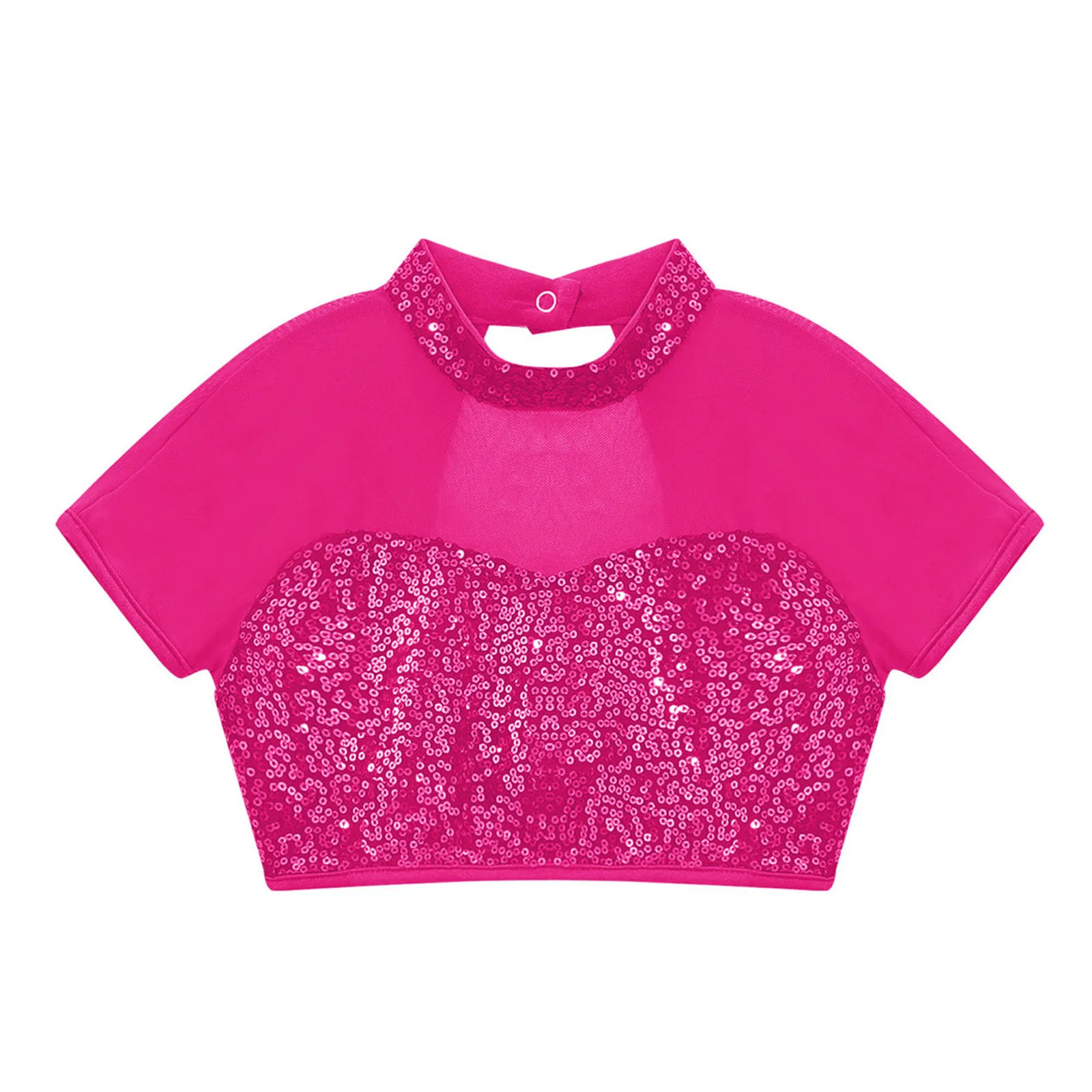 

Kids Girls Shirt Shiny Sequins Jazz Dance Tops Short Sleeve Mock Neck Mesh Crop Top+Skirt Figure Skating Cheerleading Dancewear