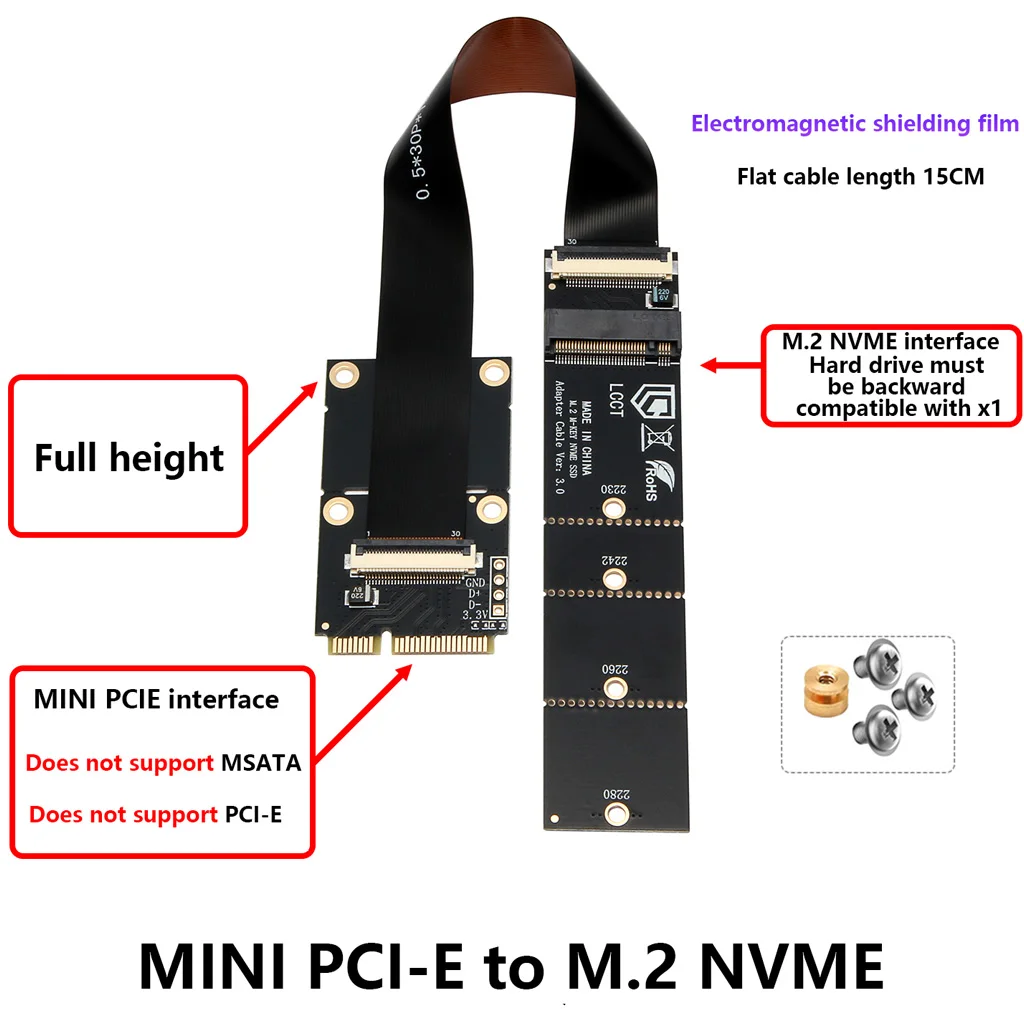 Full‑Height Mini PCI‑E to M.2 NVMe M‑Key Adapter Cable 15CM FPC Ribbon Cable Convert WiFi Slot For Laptop M.2 NVMe SSD Expansion