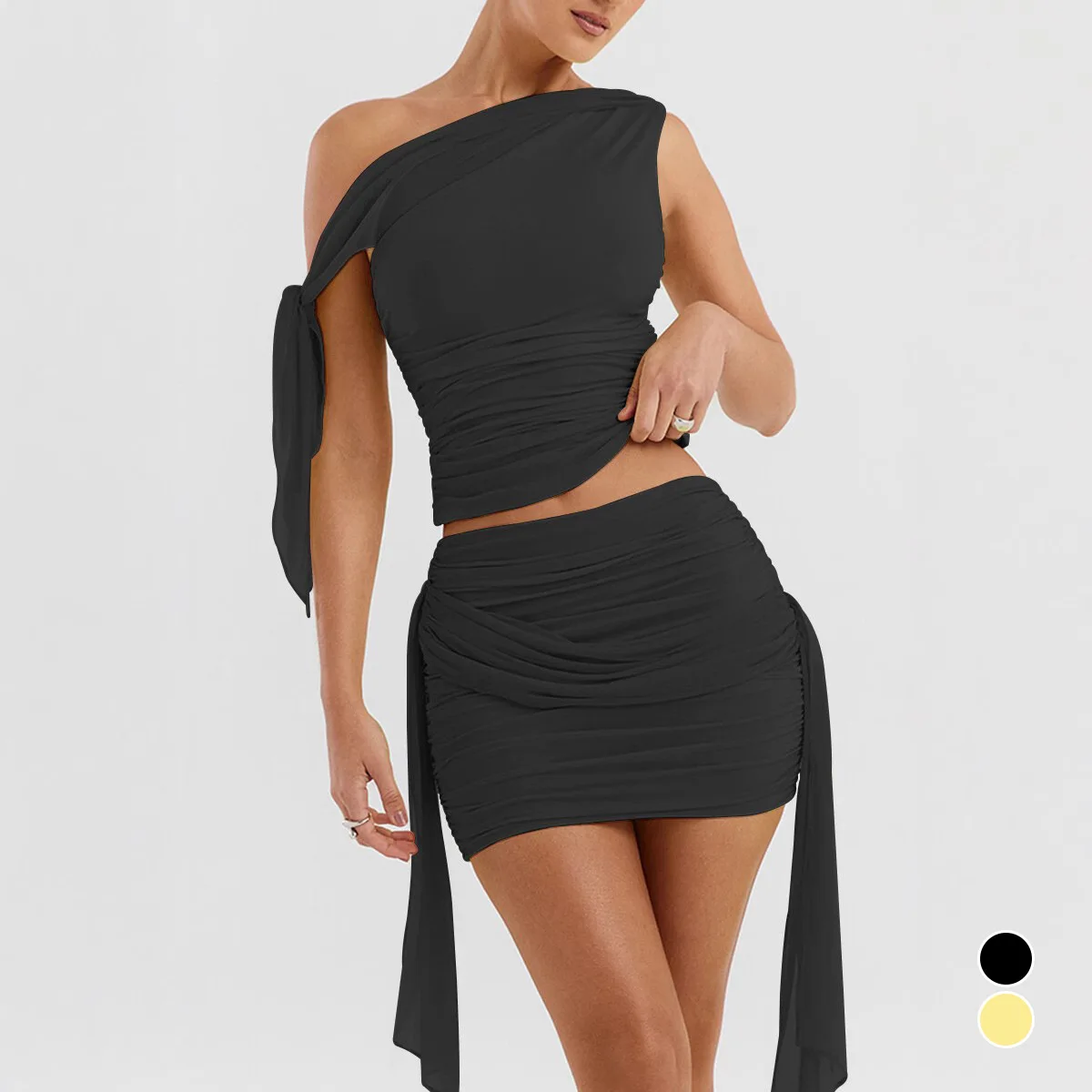 

Women's Elegant Temperament Pleated Top and Short Skirt Set, Solid Color Net Sand Diagonal Shoulder Strap, Summer Beach Ou, New